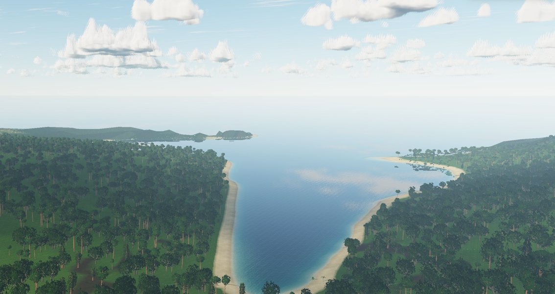 A sandy bay between forested headlands under cumulus clouds, rendered in real time by VistaWASM